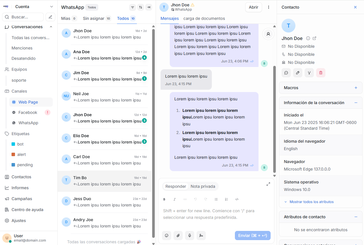Captura de pantalla de la interfaz de ADICHAT mostrando conversaciones de WhatsApp, panel de chat y información de contacto